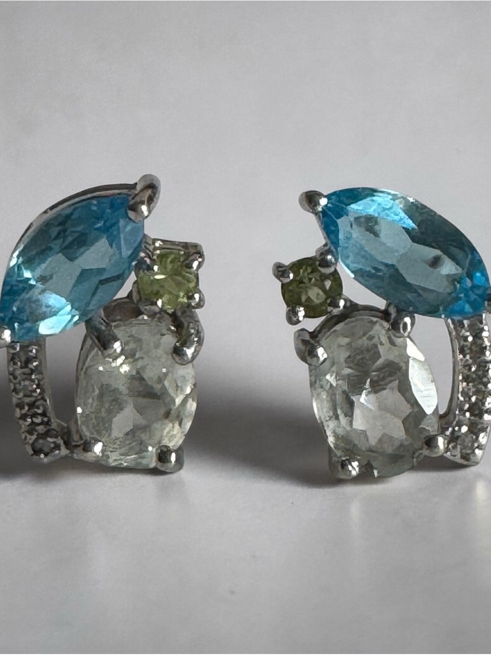 Silver Diamonds Blue Topaz and Peridot Multi-Stone Stud Earrings